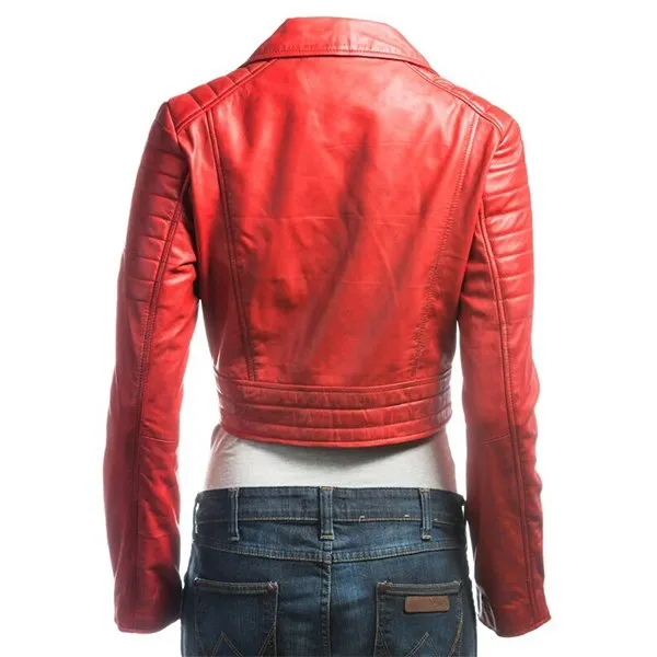 Ladies Red Leather Biker Jacket - Image 2