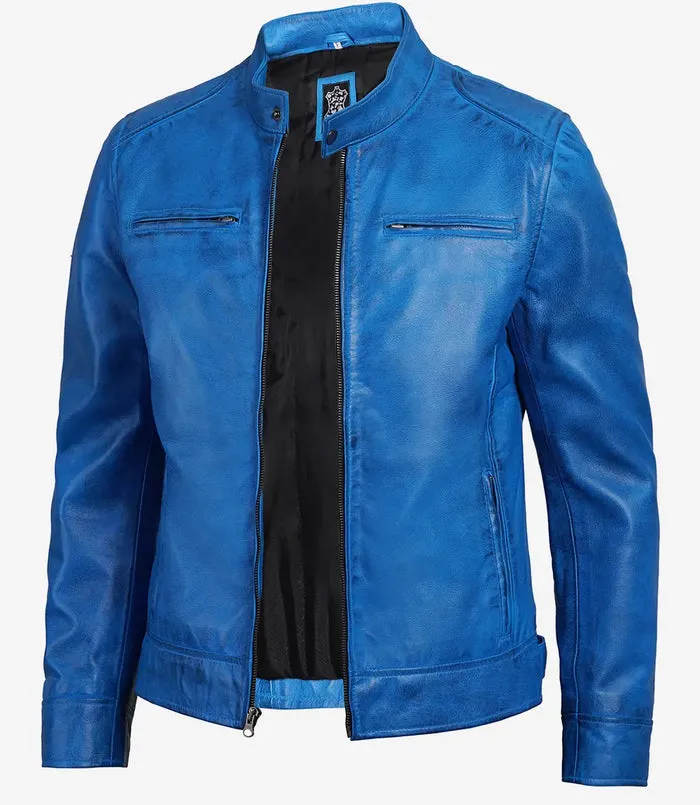 Mens Blue Racer Leather Jacket