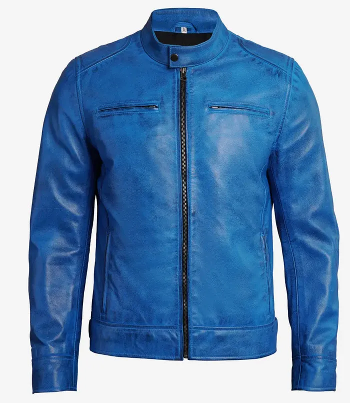 Mens Blue Racer Leather Jacket2