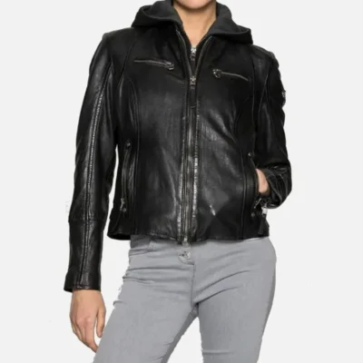 Black Cafe Racer Womens Removable Hood Jacket