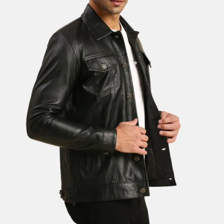 Mens Casual Tom Black Trucker Leather Jacket