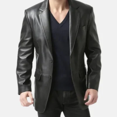 Mens Classic Slim Fit Black Leather Blazer