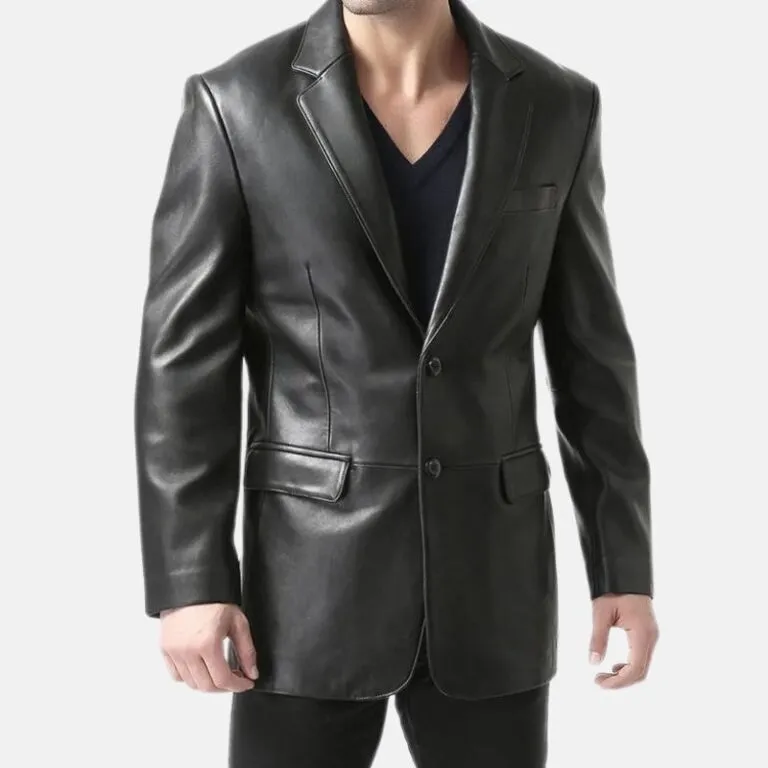 Mens Classic Slim Fit Black Leather Blazer