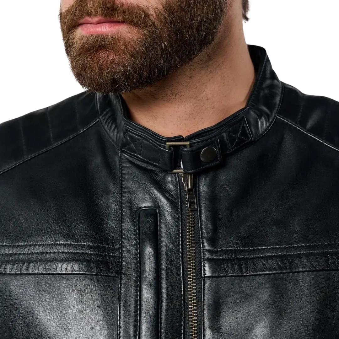 Mens Cafe Racer Black Leather Biker Jacket
