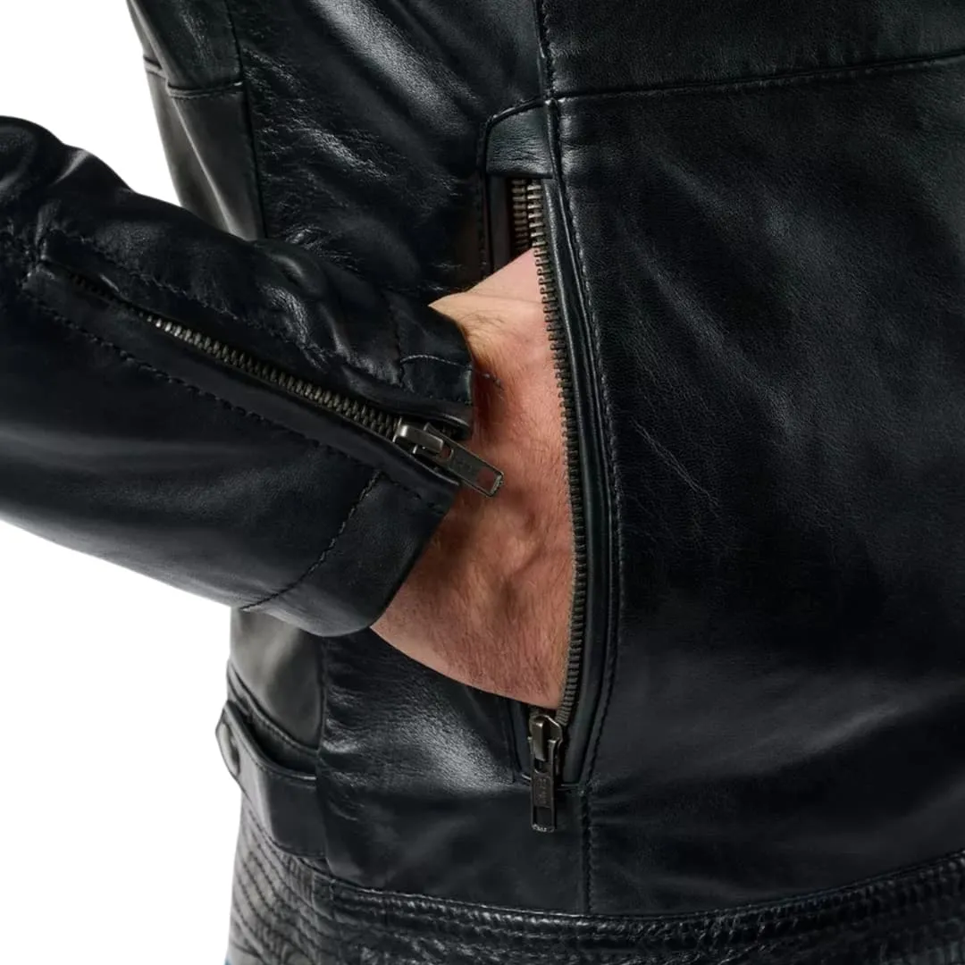 Mens Cafe Racer Black Leather Biker Jacket