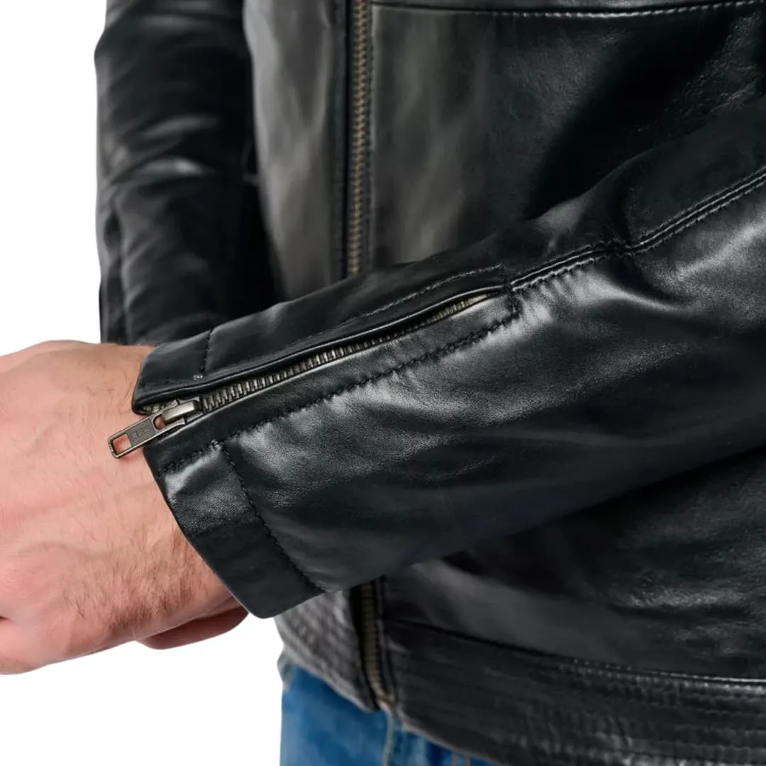 Mens Cafe Racer Black Leather Biker Jacket