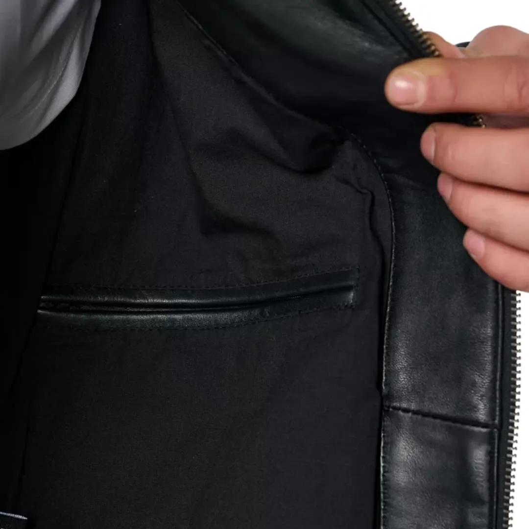 Mens Cafe Racer Black Leather Biker Jacket